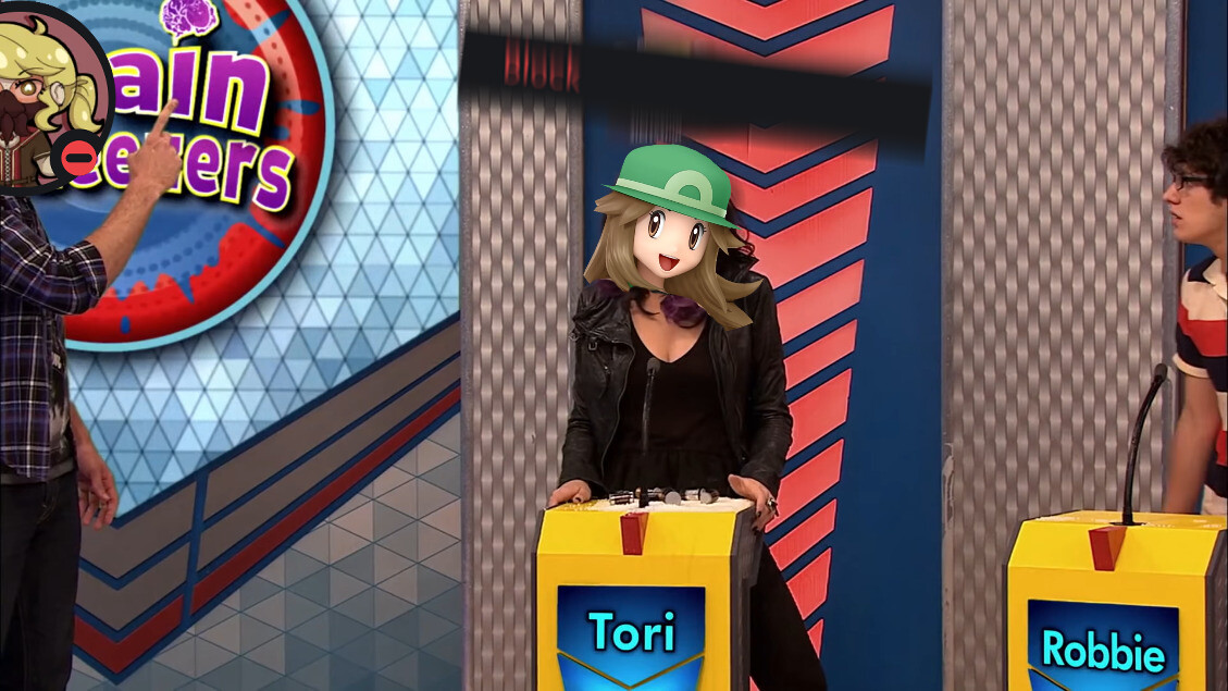 a scene from a show called 'victorious' where someone at a game show has a car battery dropped on their head - their face is edited to be Prism's (green Pokémon trainer), the battery is edited to be the discord block button, the game show host is edited to be Ryan's profile picture (a picture of Waltz from Red Kraken)